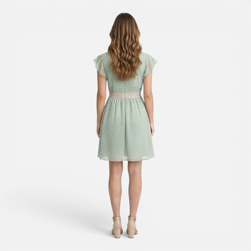Lightweight women's V-neck summer dress by FJØRNA featuring an A-line silhouette and lace waist detail.