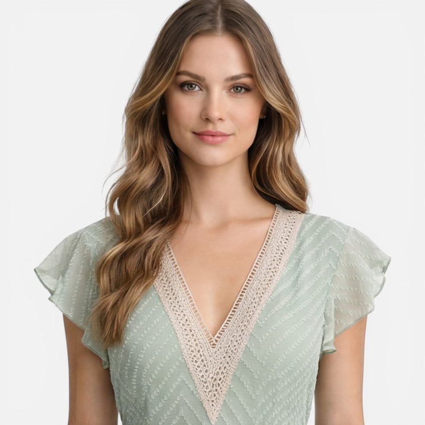 Women's lightweight V-neck summer dress by FJØRNA, A-line style with lace waist and breathable fabric.