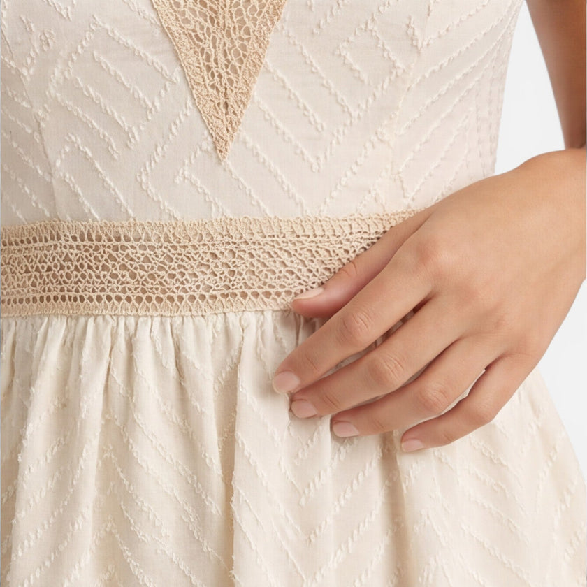 Women's lightweight V-neck summer dress by FJØRNA featuring an A-line silhouette and lace waist detail.