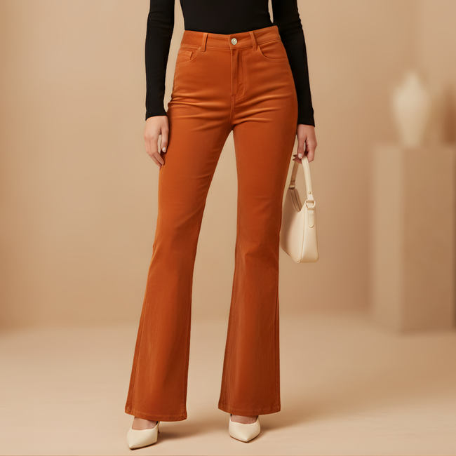 Women's high waist flared trousers by FJØRNA, stylish all-season pants with a single-button front and a flattering fit.