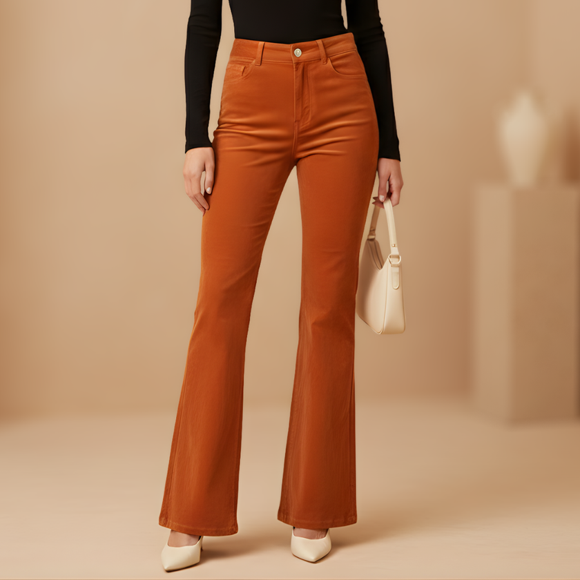 Women's high waist flared trousers by FJØRNA, stylish all-season pants with a single-button front and a flattering fit.
