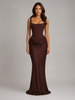 Women's FJØRNA bodycon maxi dress with sculpted silhouette and square neckline, perfect for evening occasions.