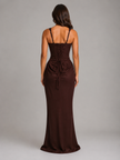 FJØRNA women's black corset bodycon maxi dress with square neckline, fitted silhouette, perfect for evening occasions.