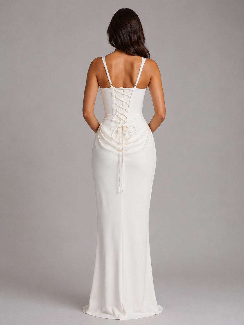 FJØRNA women's bodycon maxi dress with square neckline, sculpted silhouette, perfect for evening occasions