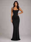 Women’s FJØRNA corset bodycon maxi dress with a sculpted silhouette and square neckline, perfect for elegant evening wear.