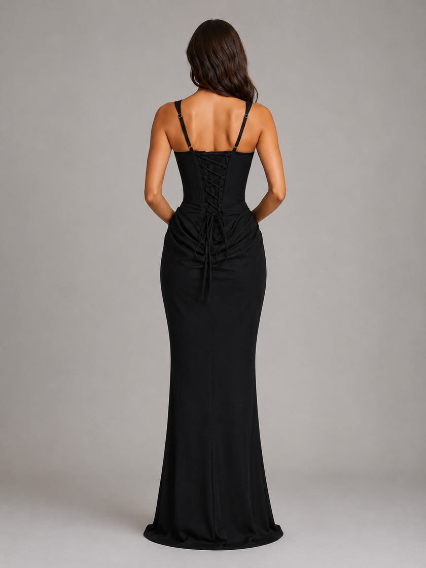 FJØRNA women's black corset bodycon maxi dress with a square neckline, sculpted silhouette, perfect for evening wear.
