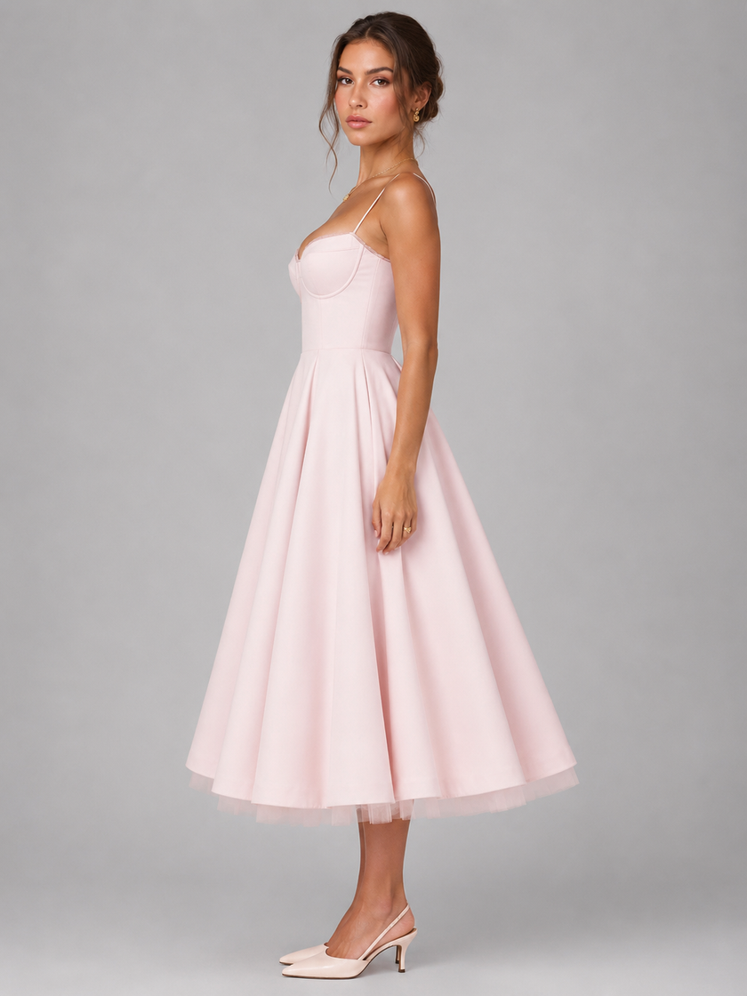 FJØRNA women's corset midi dress with full skirt, elegant occasion style, showcased on a model in a formal setting.