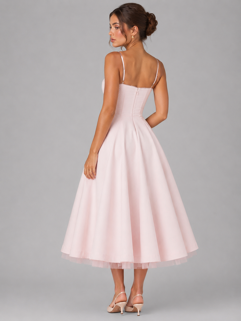FJØRNA women's corset midi dress with full skirt, elegant occasion style, shown in a flattering fit and flowing design.