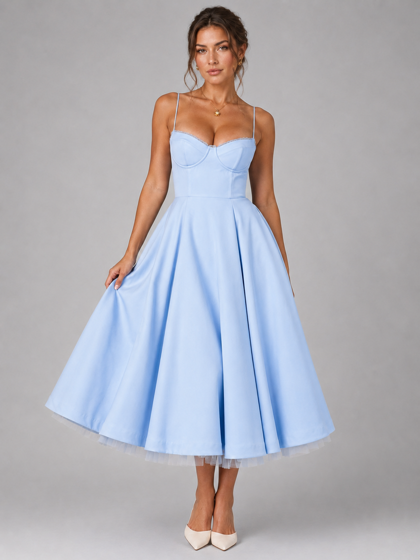 FJØRNA women's corset midi dress with a full skirt, elegant occasion style, featuring fitted bodice and flowing hem.