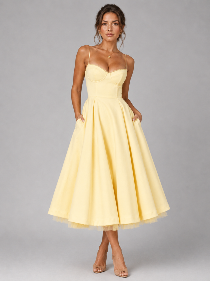 Women's corset midi dress with full skirt by FJØRNA, showcasing an elegant occasion style perfect for formal events.