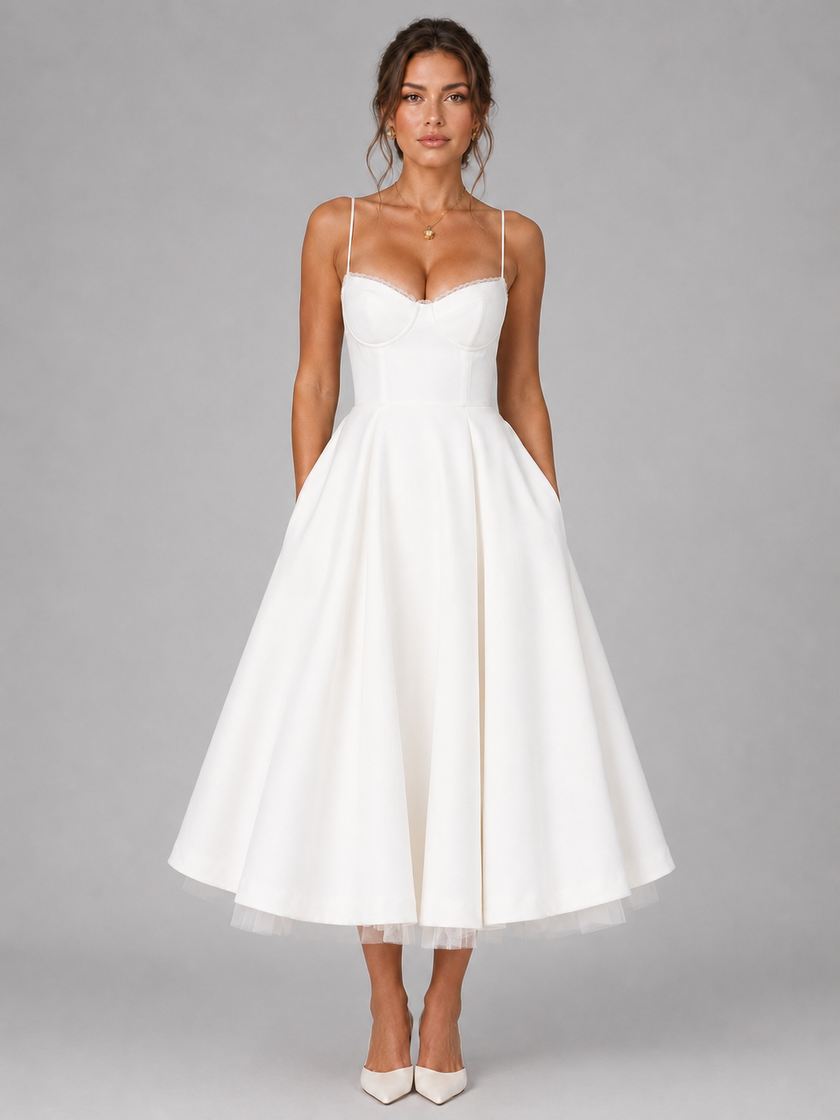 FJØRNA women's corset midi dress with full skirt, elegant occasion style, showcasing a fitted bodice and flowing skirt.