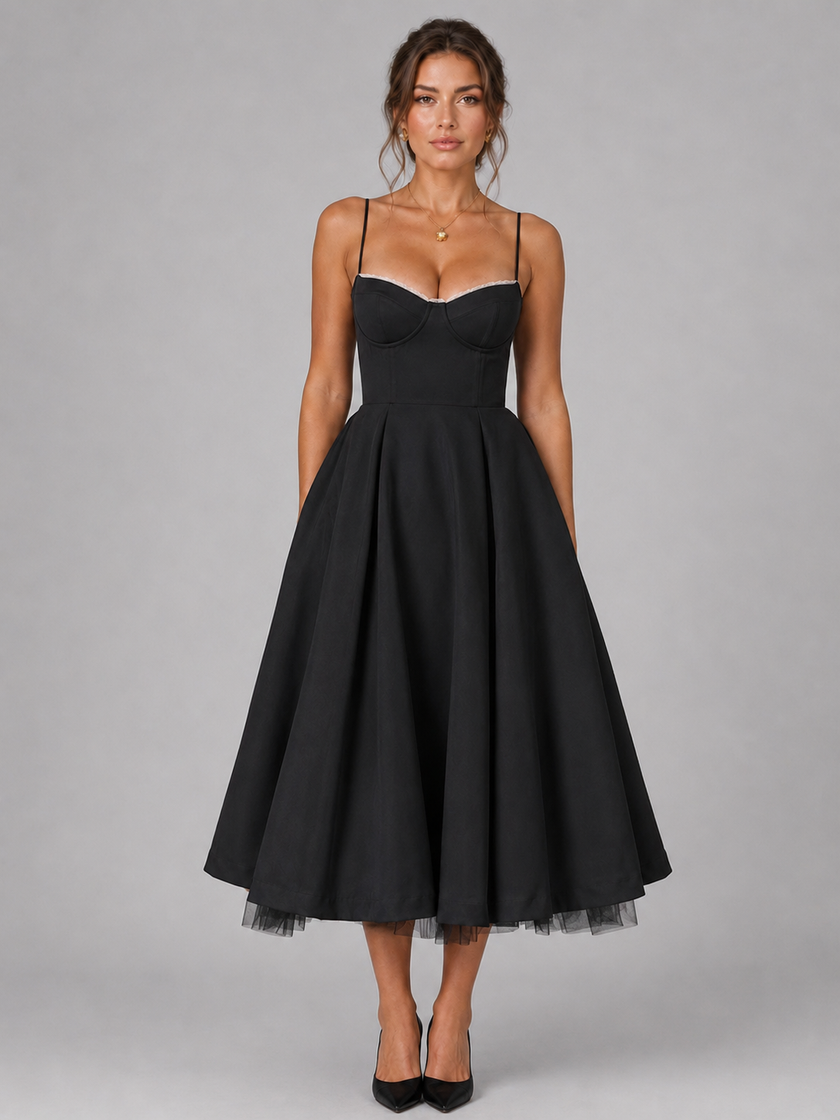 FJØRNA women's corset midi dress with full skirt, elegant occasion style, featuring fitted bodice and flowing skirt in a sophisticated design.