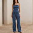 FJØRNA women's wide-leg denim two-piece suit set with flared design and tie-back detail, perfect for casual or stylish occasions.