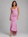 Women's floral corset maxi dress by FJØRNA featuring an asymmetrical hem and sculpted elegant silhouette for wedding guest attire.