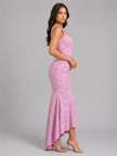 Women's floral corset maxi dress with asymmetrical hem and sculpted silhouette, elegant wedding guest dress by FJØRNA