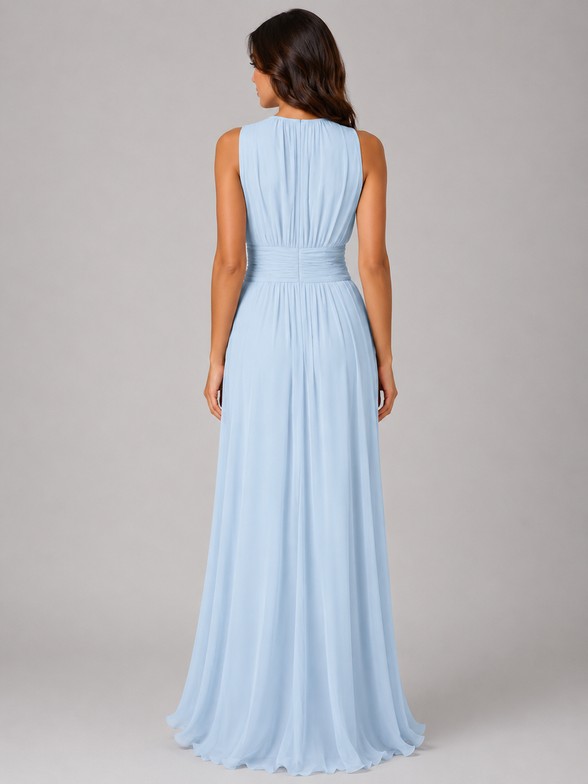 FJØRNA women's chiffon maxi dress with ruched waist and flowing silhouette, ideal for wedding guest or formal occasions.