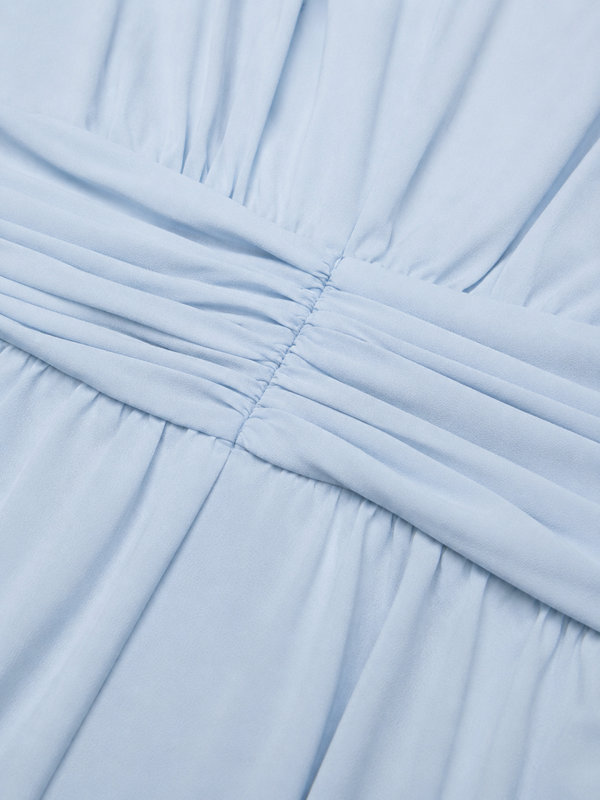 Women’s FJØRNA chiffon maxi dress with ruched waist and flowing silhouette, perfect for wedding guest attire.