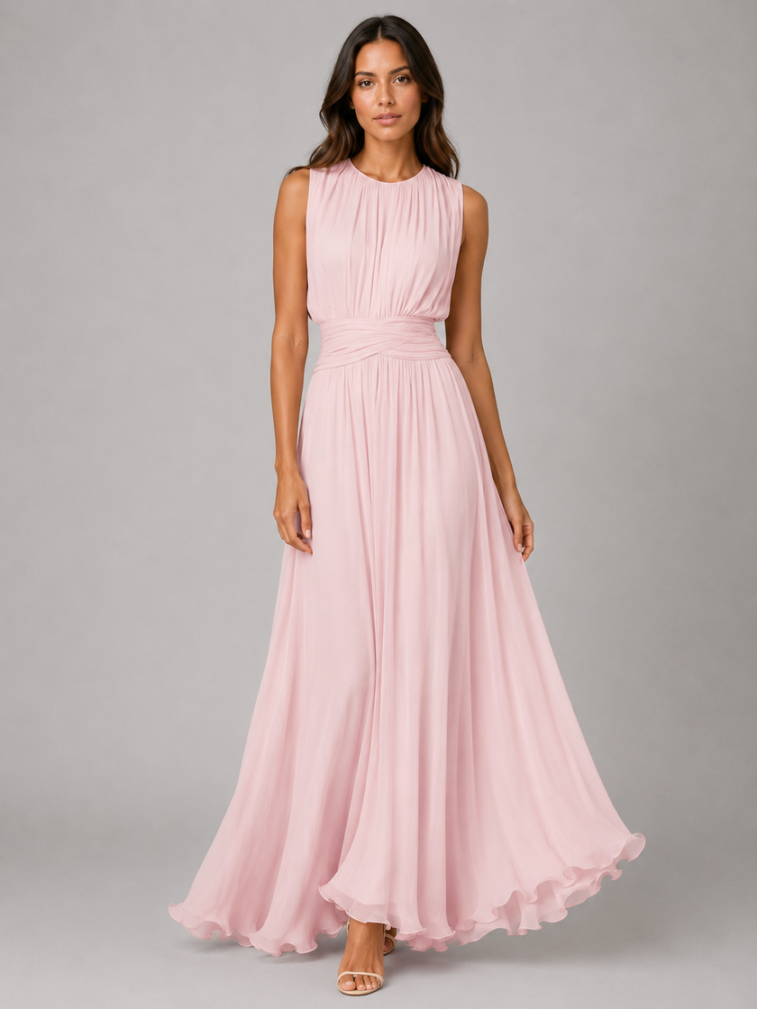 Women’s FJØRNA chiffon maxi dress with ruched waist and flowing silhouette, perfect for wedding guest attire.