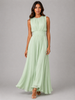 Women's chiffon maxi dress with ruched waist by FJØRNA, featuring a flowing silhouette perfect for wedding guest attire.