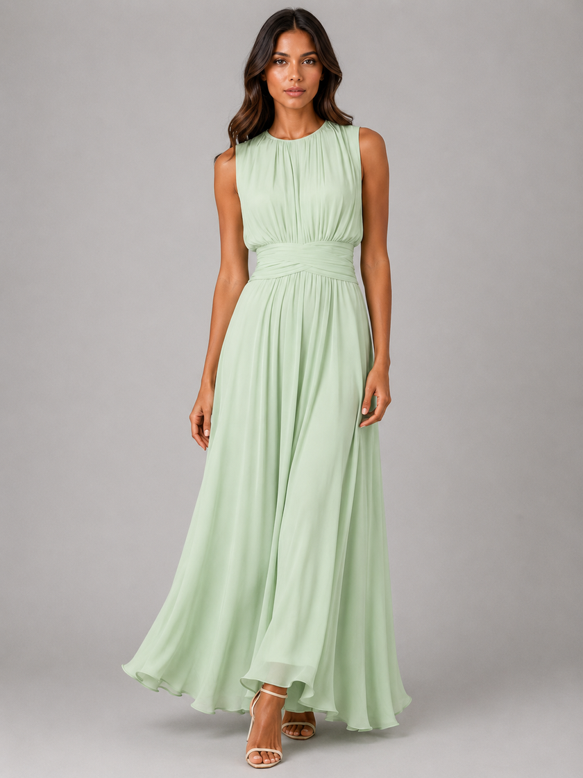 Women's chiffon maxi dress with ruched waist by FJØRNA, featuring a flowing silhouette perfect for wedding guest attire.