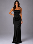 Women’s satin feel maxi dress with ruched waist by FJØRNA, featuring a sculpted fit suitable for wedding guest occasions.