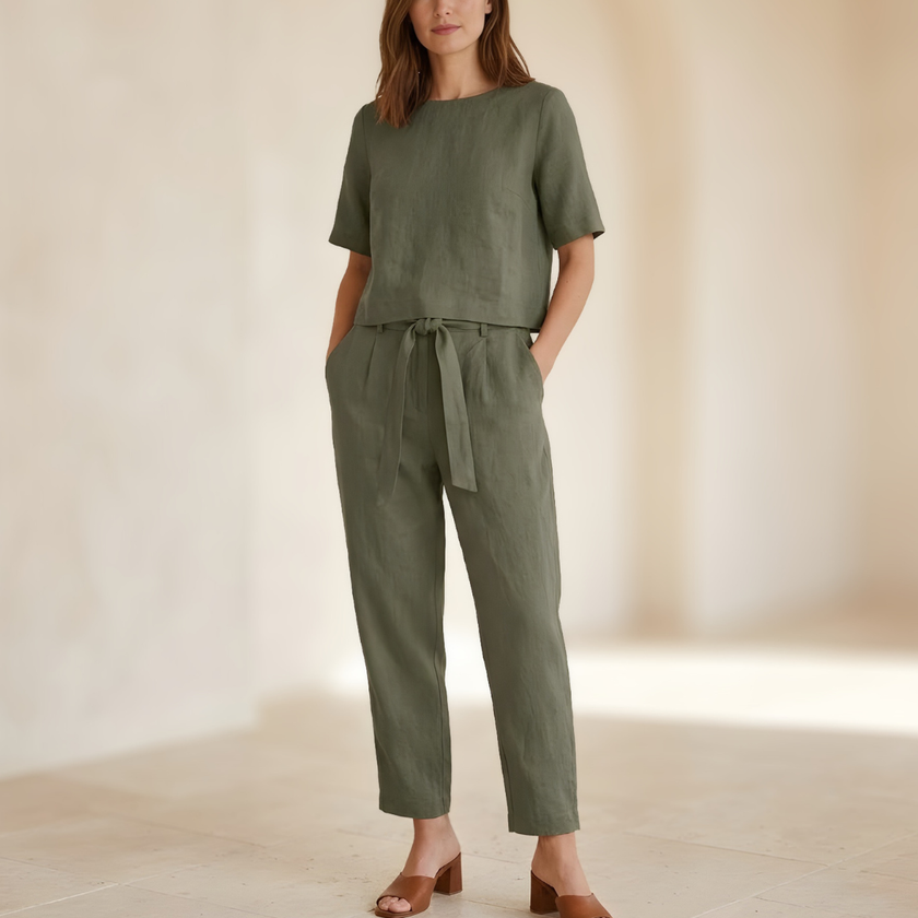 FJØRNA women's co-ord set with short sleeve top and matching pants, stylish and comfortable for casual wear.