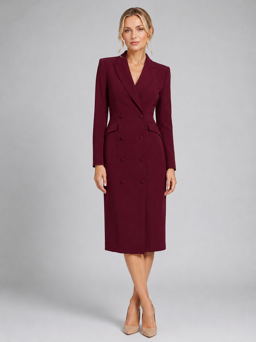 Women's tailored double-breasted blazer midi dress by FJØRNA, stylish formal occasion dress with a structured fit.