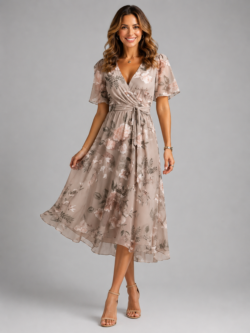 Women’s floral V-neck midi dress with flutter sleeves by FJØRNA, featuring a flowing silhouette and vibrant summer floral print.
