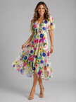 Women's floral V-neck midi dress with flutter sleeves by FJØRNA, shown with a flowing silhouette and lightweight fabric.