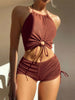 FJØRNA women's halter neck 2-piece bikini set with ring detail and ruched tie side shorts, stylish swimwear for summer.