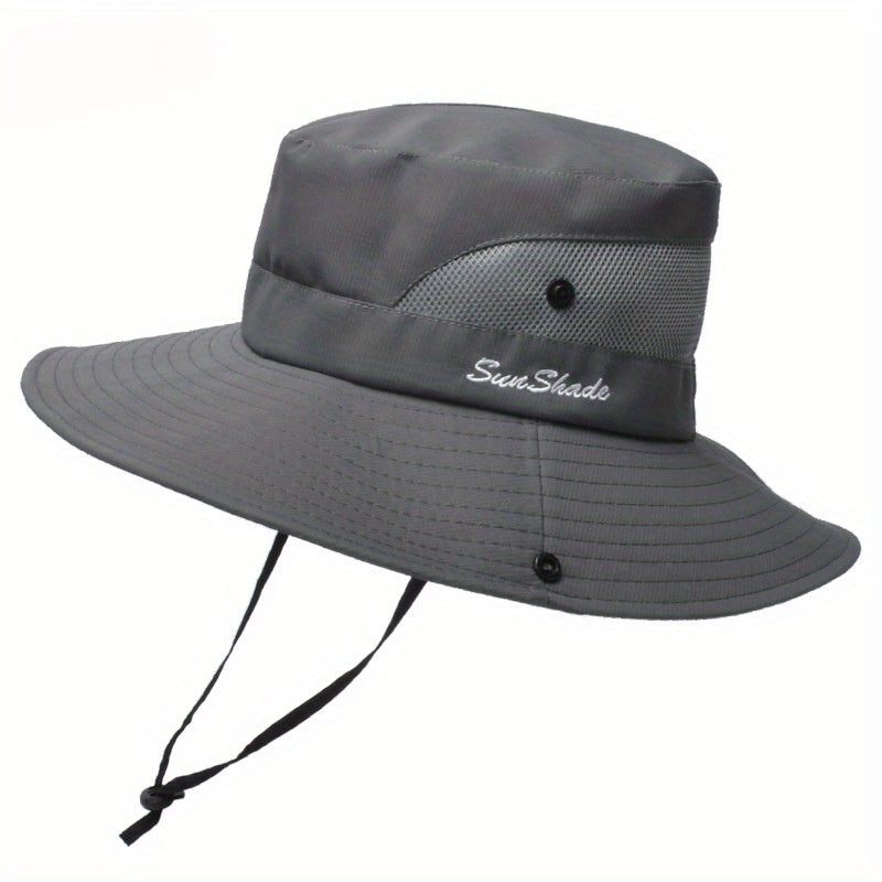 Women's wide brim sun hat by FJØRNA with breathable mesh for outdoor sun protection and stylish comfort.