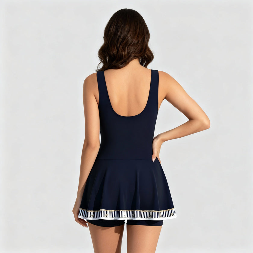 Women's FJØRNA nautical print swim dress with a fitted bodice and skirted hem, perfect for beach or poolside wear.