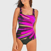 FJØRNA women's square neck swimsuit with multi-pattern print, showcasing a stylish athletic design and vibrant pattern details.