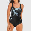 Women's FJØRNA square neck swimsuit with a vibrant multi-pattern print, showcasing a stylish and athletic design.