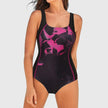 Women's FJØRNA square neck swimsuit with vibrant multi-pattern print and athletic design, suitable for swimming and beachwear.