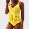 FJØRNA women's tankini set with triple-tier ruffle top and high-waist briefs, perfect for beach or poolside swimwear.