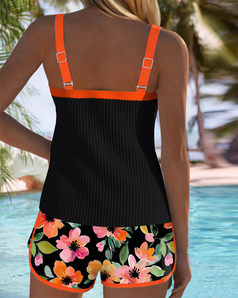 Women's FJØRNA tummy control tankini swimsuit set with ribbed top and matching shorts, flattering swimwear for women.