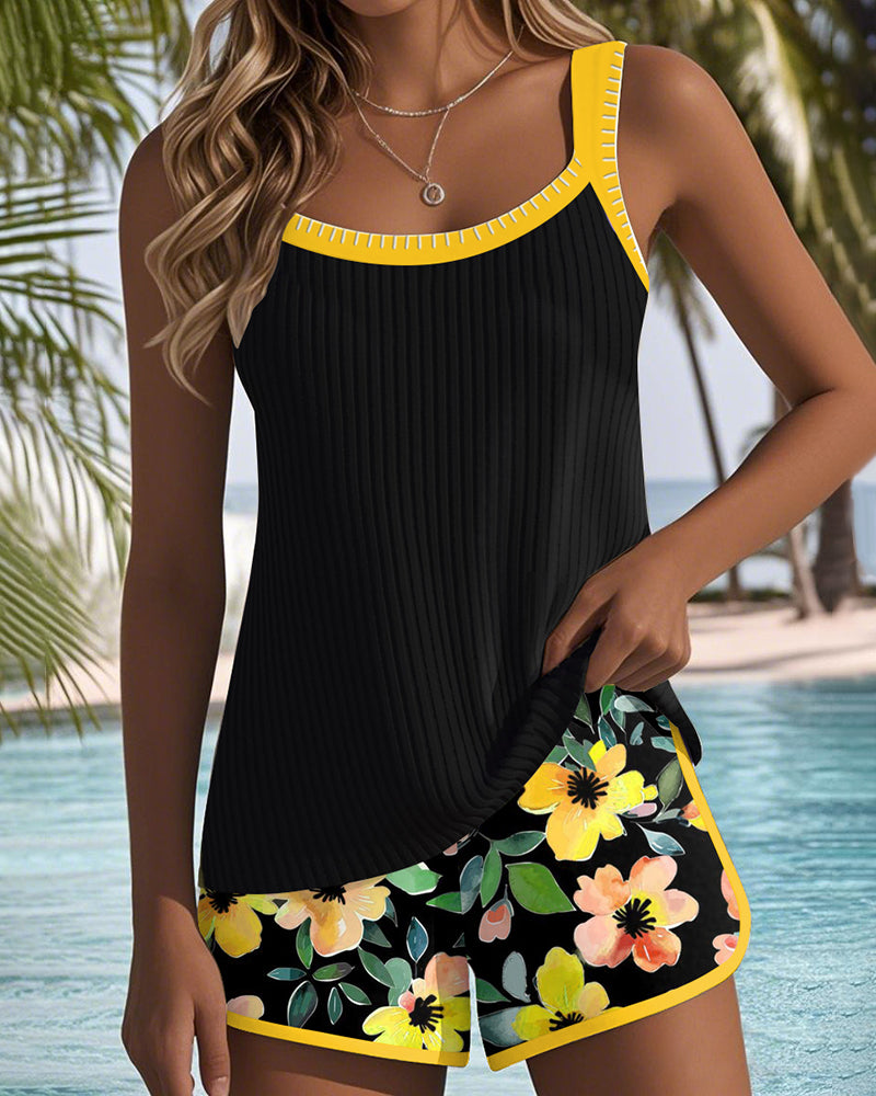FJØRNA women's tummy control tankini swimsuit set with ribbed top and shorts, flattering swimwear for women.