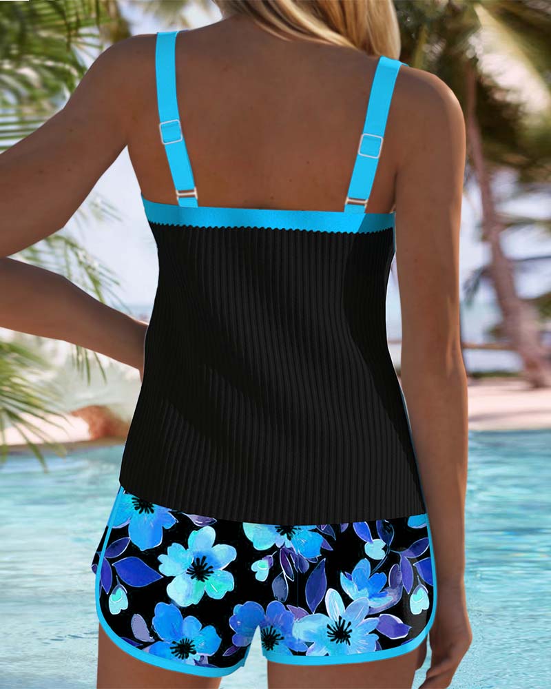 FJØRNA women's tummy control tankini swimsuit set with ribbed top and matching shorts, stylish swimwear for a flattering fit.