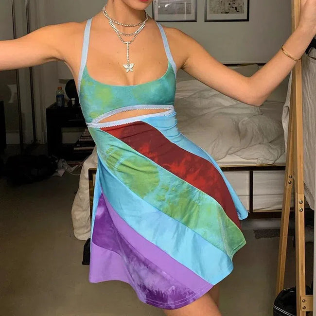 Colorful Y2K mini dress for women by FJØRNA, featuring vibrant patterns perfect for party and daytime wear.
