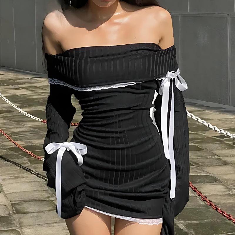 FJØRNA Y2K white corduroy off-shoulder bow mini dress, casual style with a fitted silhouette and fashionable details.