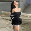 White Y2K corduroy off-shoulder bow mini dress by FJØRNA featuring a chic, vintage-inspired design and fitted silhouette.