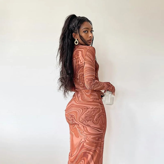 FJØRNA Y2K Marble Swirl Women's Maxi Dress, stylish summer dress with swirling marble pattern, perfect for special occasions.