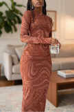 FJØRNA Y2K Marble Swirl Maxi Dress featuring a flowing silhouette and vibrant marble pattern, perfect for stylish occasions.
