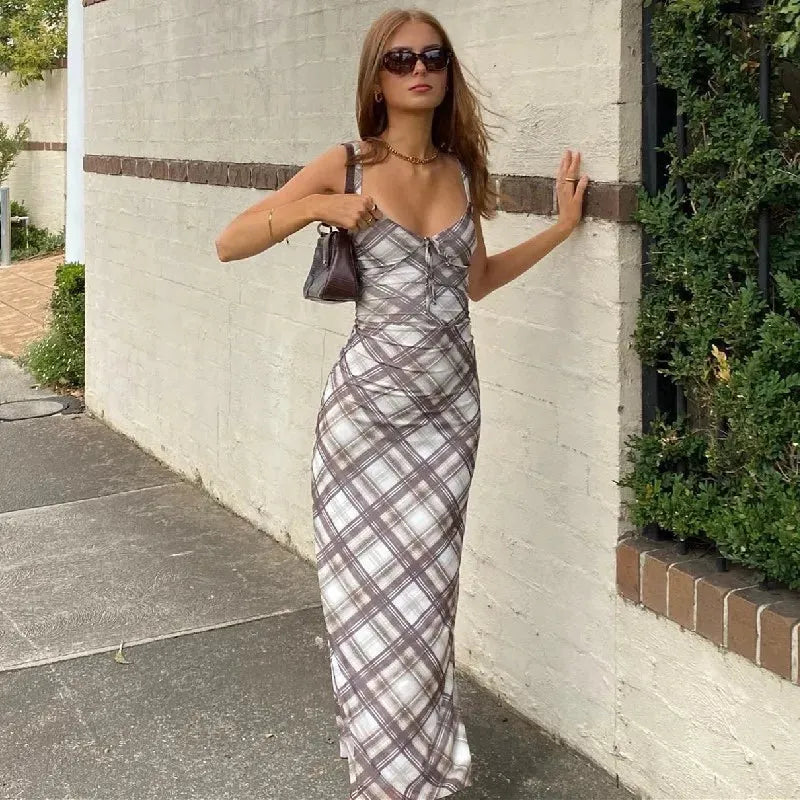 FJØRNA Y2K plaid slip midi dress for women, featuring a stylish Y2K-inspired plaid design, perfect for day to night wear.