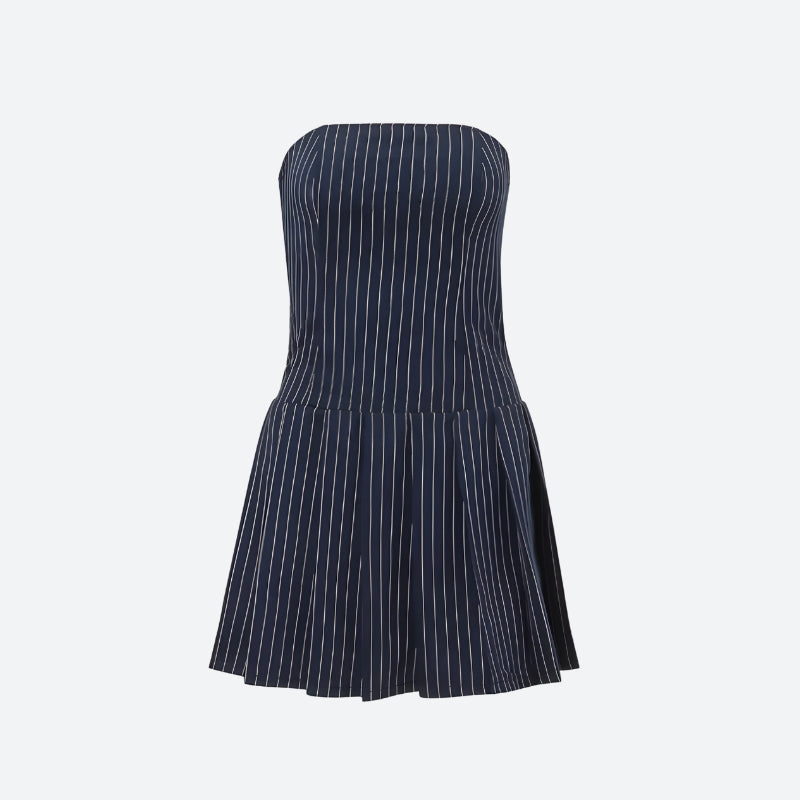 FJØRNA Y2K striped strapless mini dress with bold colorful horizontal stripes, sleeveless design, and fitted silhouette.