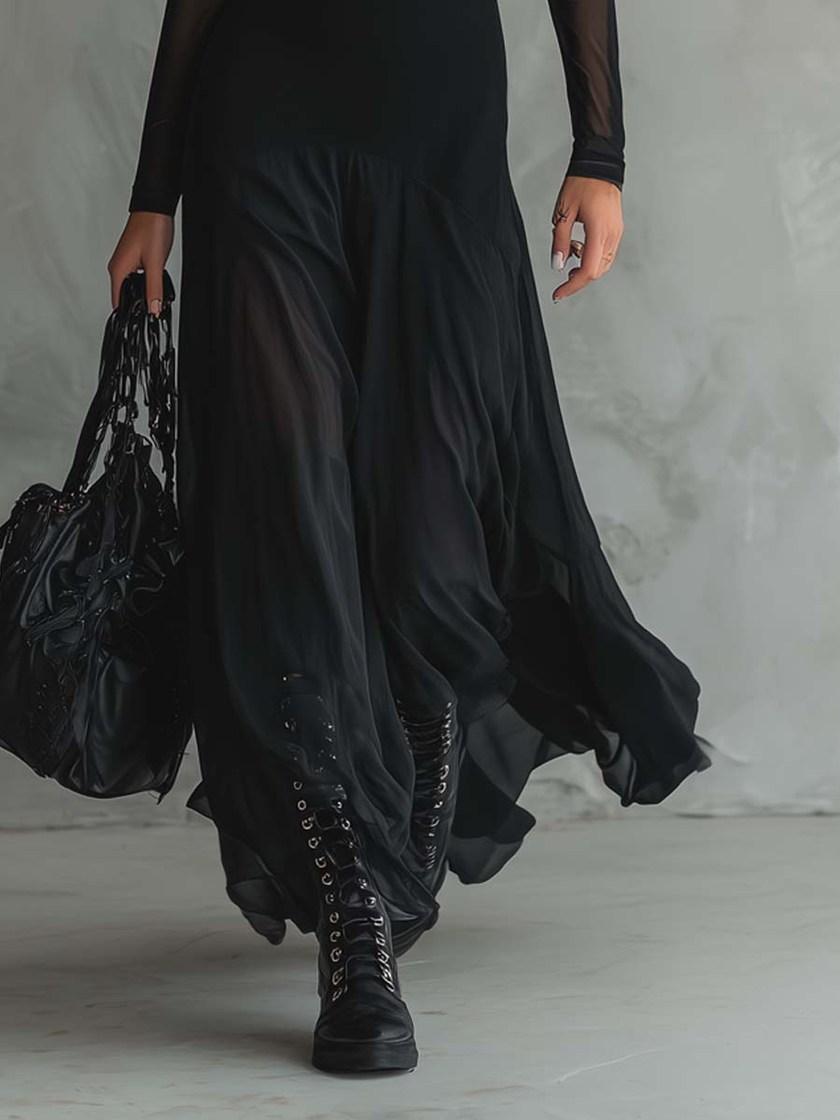 FJØRNA elegant women's maxi dress with flowy tulle fabric, showcasing a stylish and comfortable evening dress design.