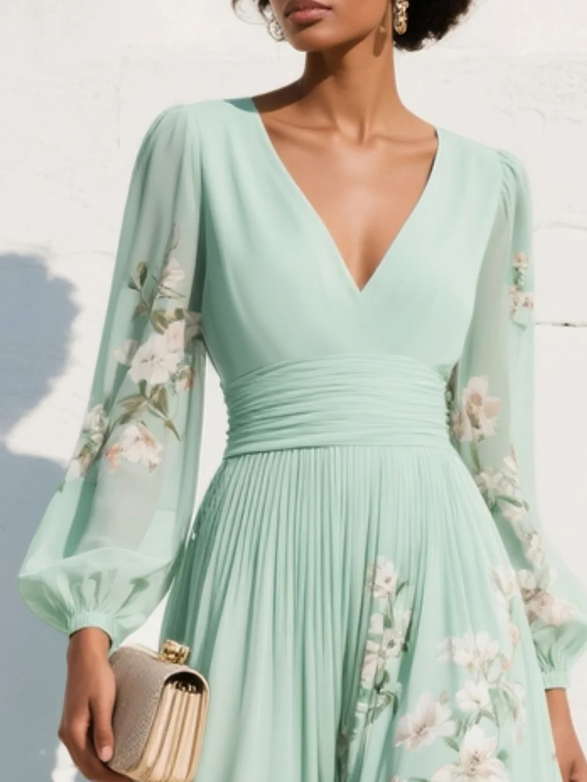 FJØRNA women's summer midi dress with floral pattern, V-neck, and flowing fabric, perfect for warm weather.