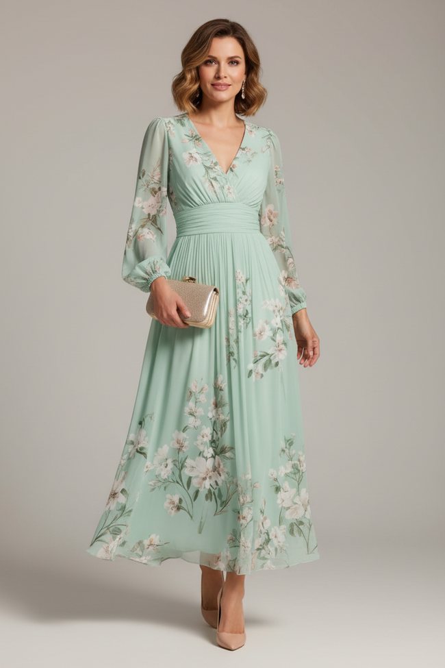 FJØRNA women's summer midi dress with floral pattern, V-neckline, and flowy fabric, perfect for warm weather wear.