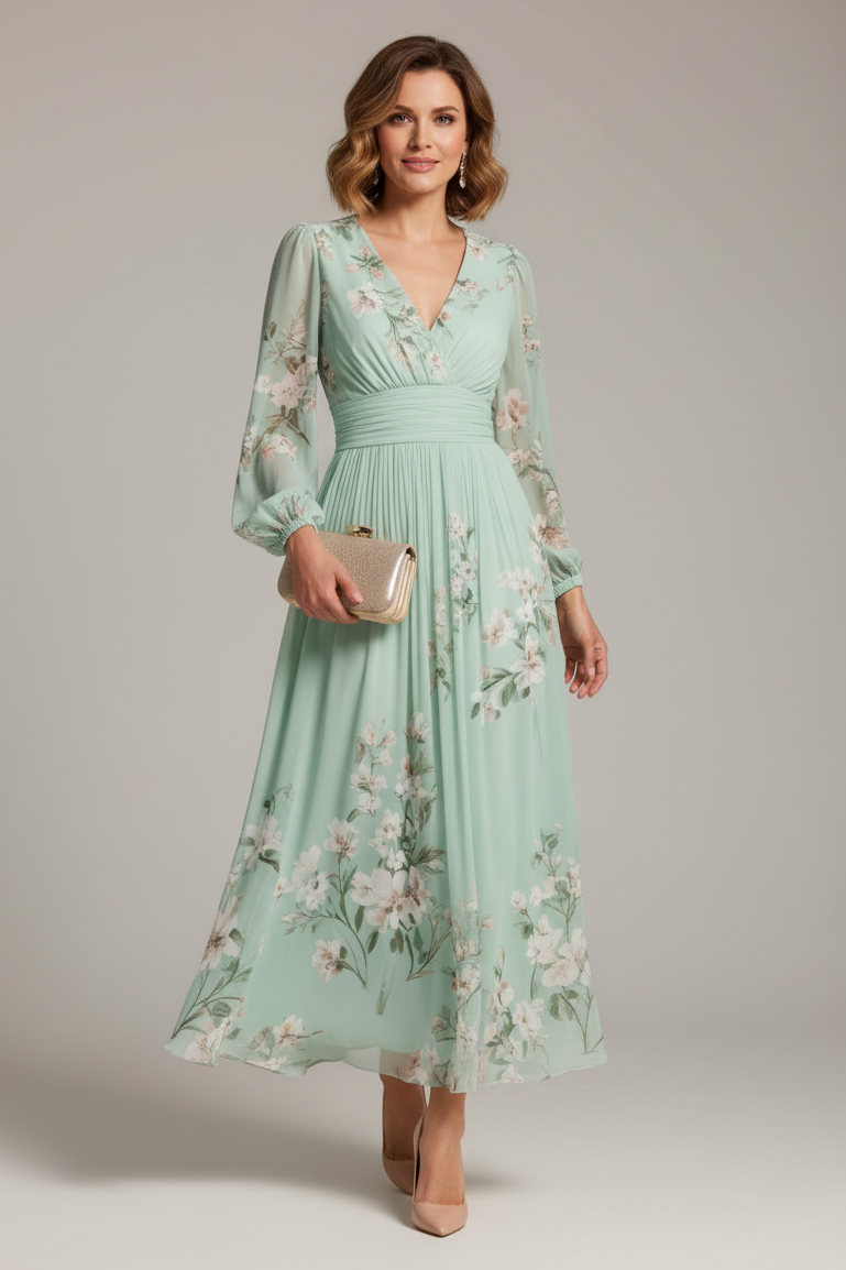 FJØRNA women's summer midi dress with floral pattern, V-neckline, and flowy fabric, perfect for warm weather wear.